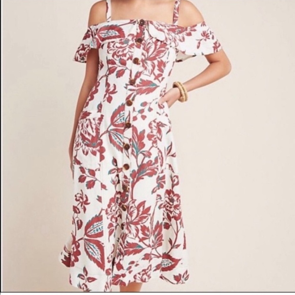 Anthropologie Oahu Linen Floral Off Shoulder Midi Dress Size 2